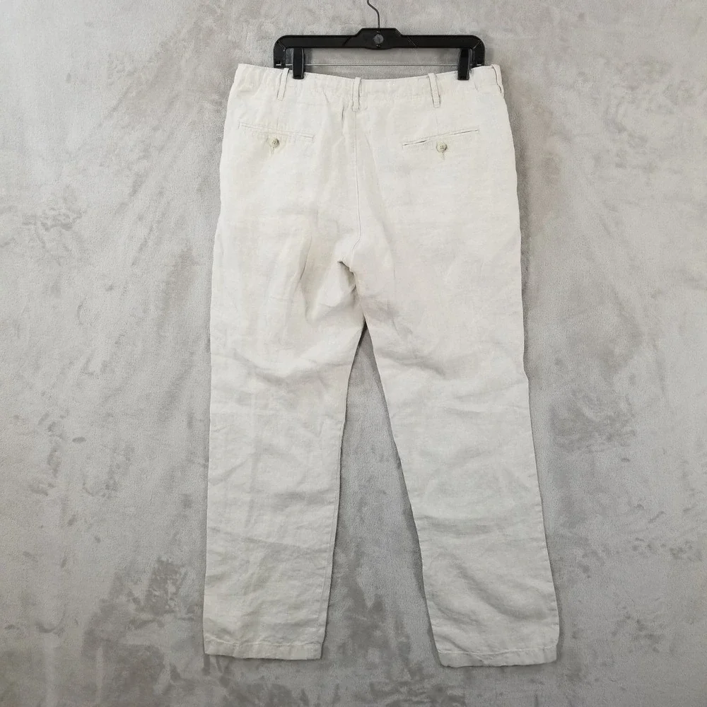 Perry Ellis Pants Mens 35 Beige‎ 100% Linen Drawstring Flat Front Casual Resort
